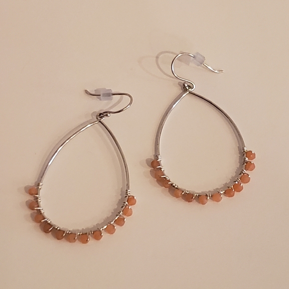 Peach Moonstone Earrings Boho Wire Wrapped Silver - Picture 1 of 7